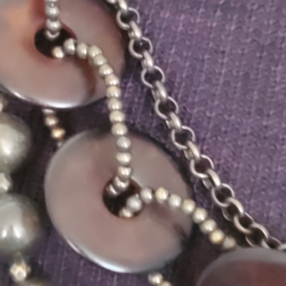 Bronze tone three strand necklace with tortoise shell look circles, brown